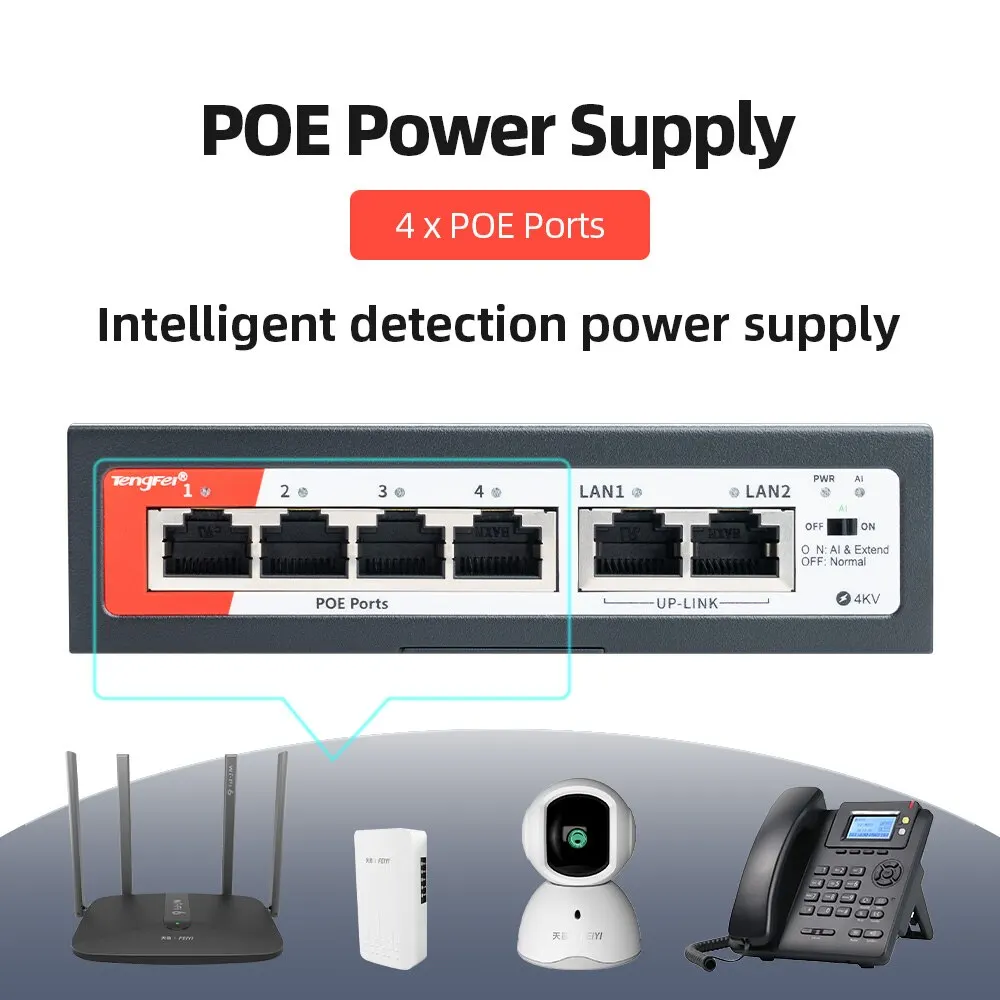 TengFei-POE Switch com Alimentação Interna, 6 Portas, 100Mbps, 4 PoE + 2 UpLink, Office Home Network, Hub para Câmera IP com Telefone