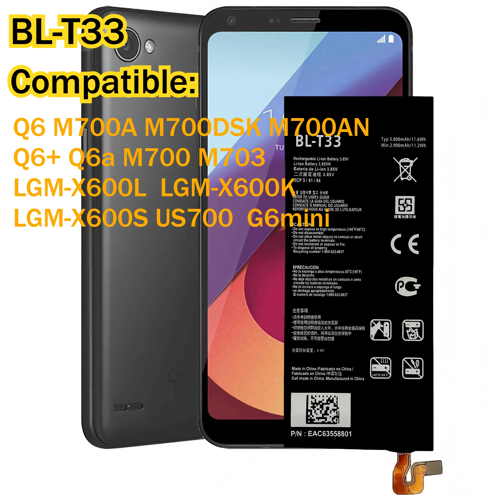 BL-T33 BL-T30 BL-T24 BL-T39 Battery For LG Q6/M700/M703/Q6 Plus XPower 2/M320F K220/K210/US610 G7/Q7+ Mobile Phone Batteries view 2