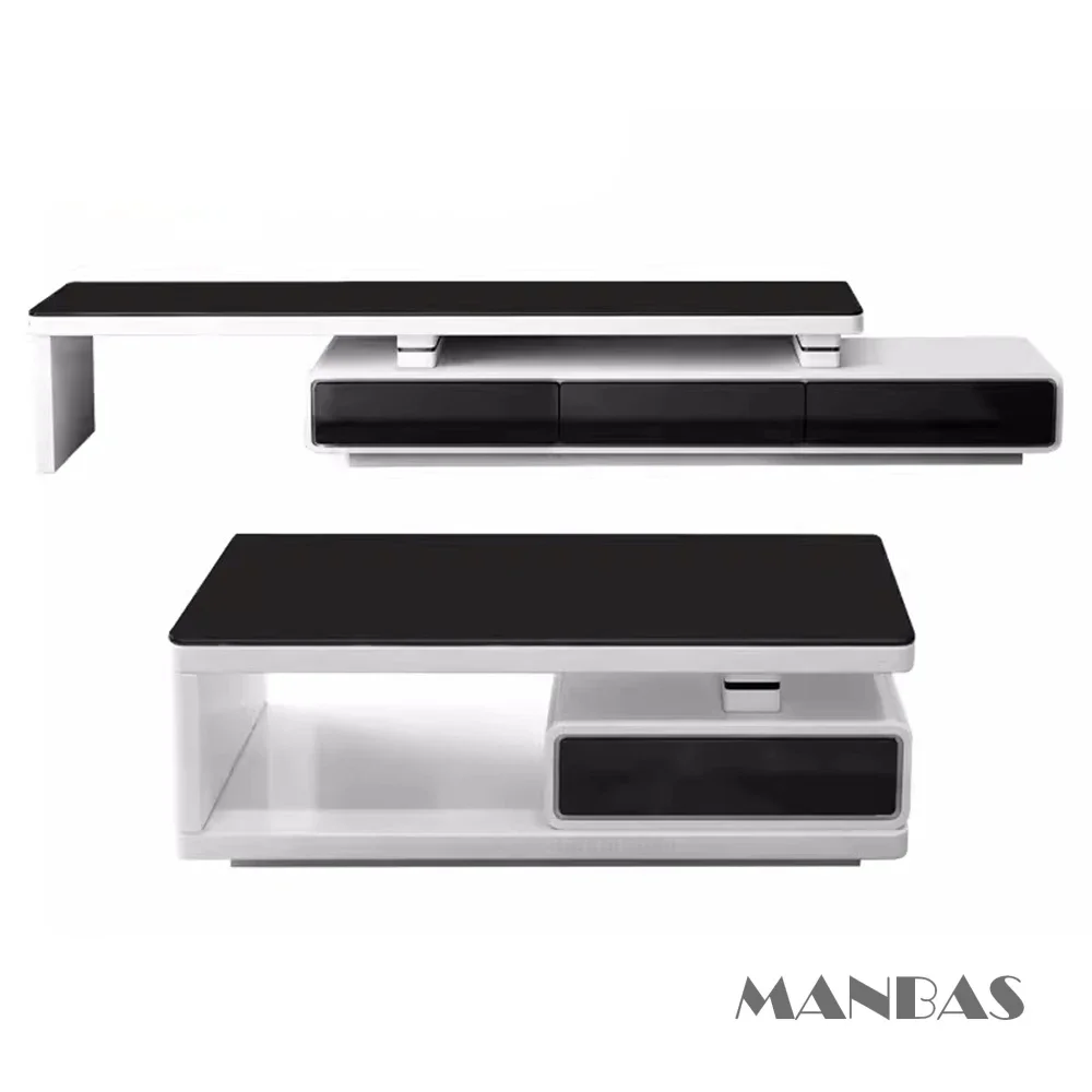 Linlamlim Modern  Shiny White / Black TV Stand & Smart Coffee Table, TV Cabinet & Center Table for Living Room Home Furniture