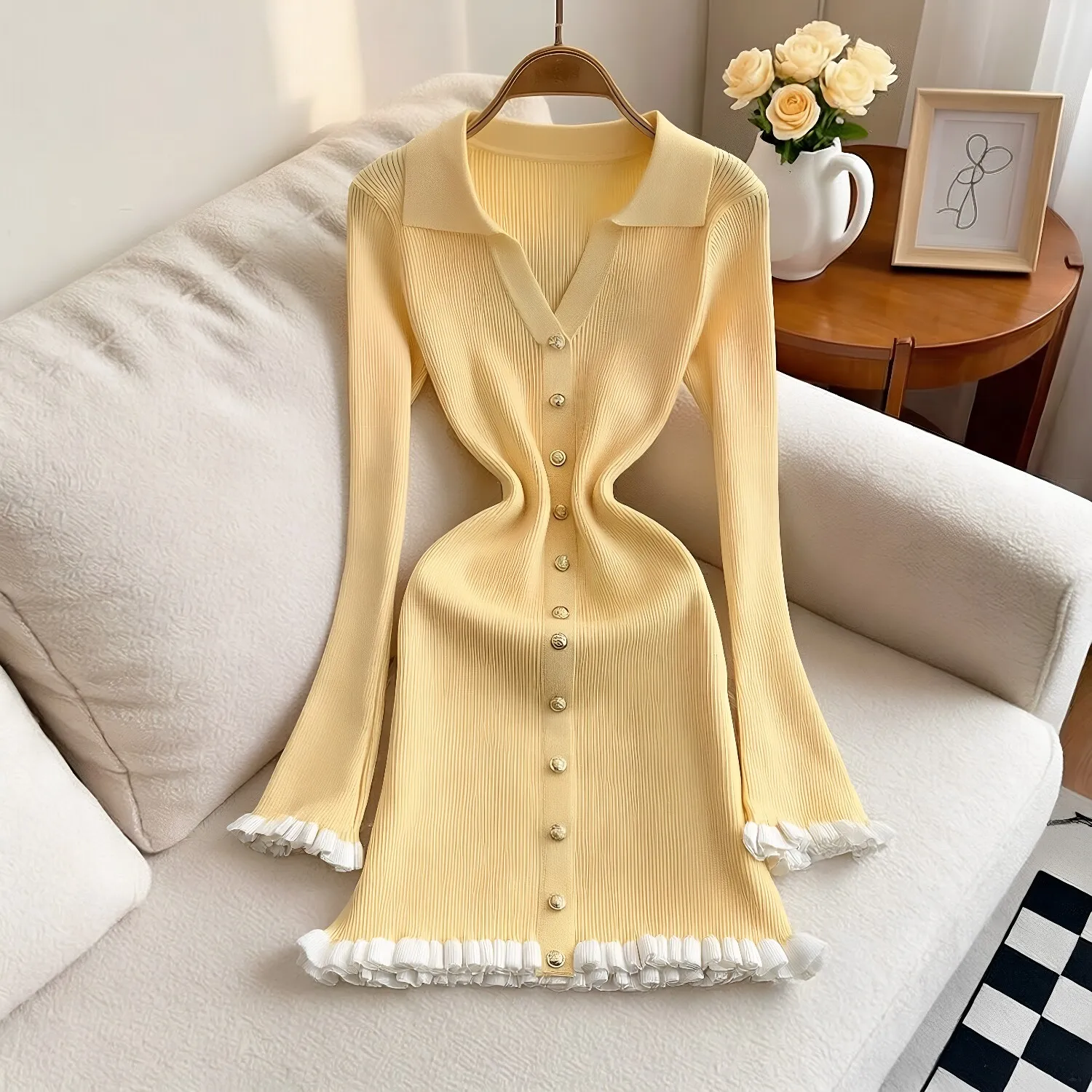 YuooMuoo Schickes Modisches Sexy Figurbetontes Strick-Minikleid 2026 Herbst Winter Vintage Gerüschtes Hemdkleid Damen Party Vestidos – Detail 12