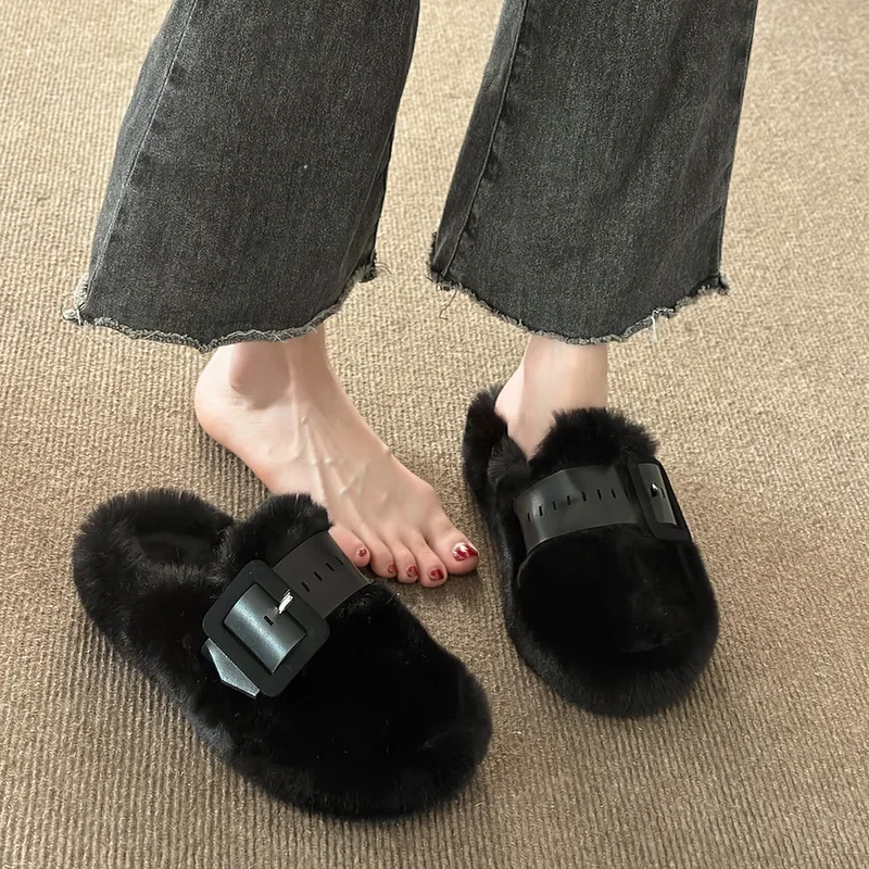 Curly Wool Fur Slippers Women Winter Shoes Ladies Fleeces Sandalias Warm Plush Slides Belt Buckle Fluffy Mules Female Pantuflas