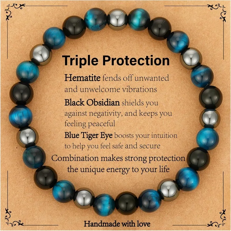 Bracelet pour Homme, Père, Fils, Triple Protection, Hématite, Obsidienne Noire, Œil de Tigre, Bracelets Perlés, Cadeaux de Bijoux de Guérison pour Anniversaire