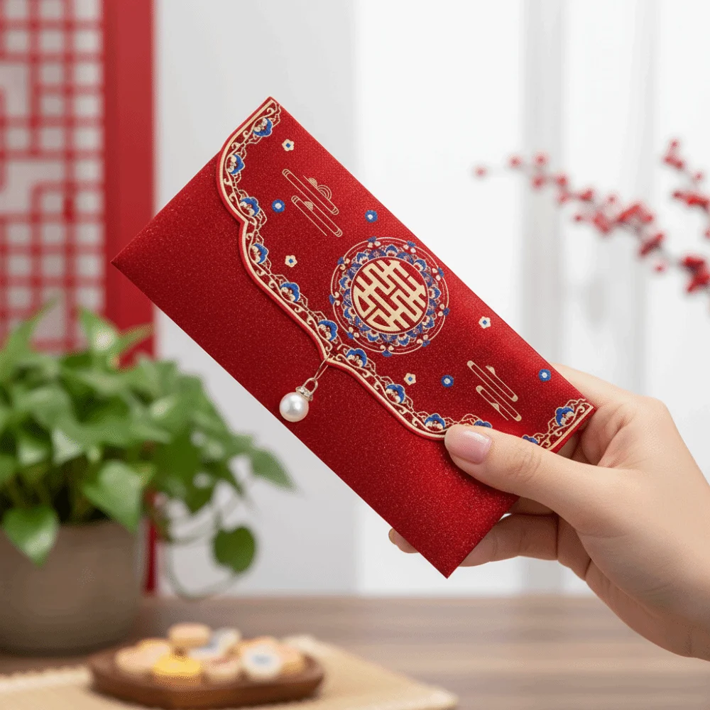 

Traditional Wedding Red Envelope Chinese Style Dragon Phoenix Design Luck Red Packets Blessing Words Embroidery Pattern Hongbao