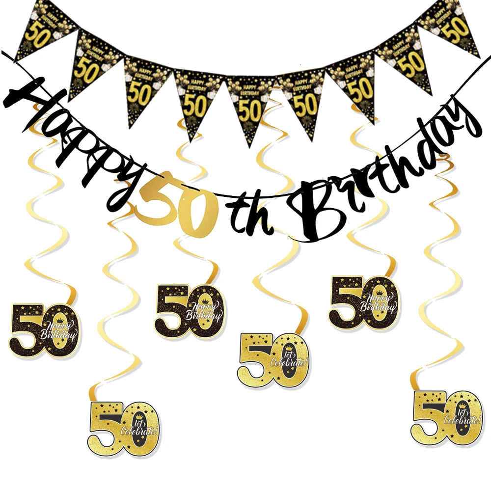 Wirbel-Luftschlangen zum 50. Geburtstag, hängende Wirbel, alles Gute zum Geburtstag, Banner, Schwarzgold, 50. Jahre alt, Geburtstagsparty-Dekorationszubehör