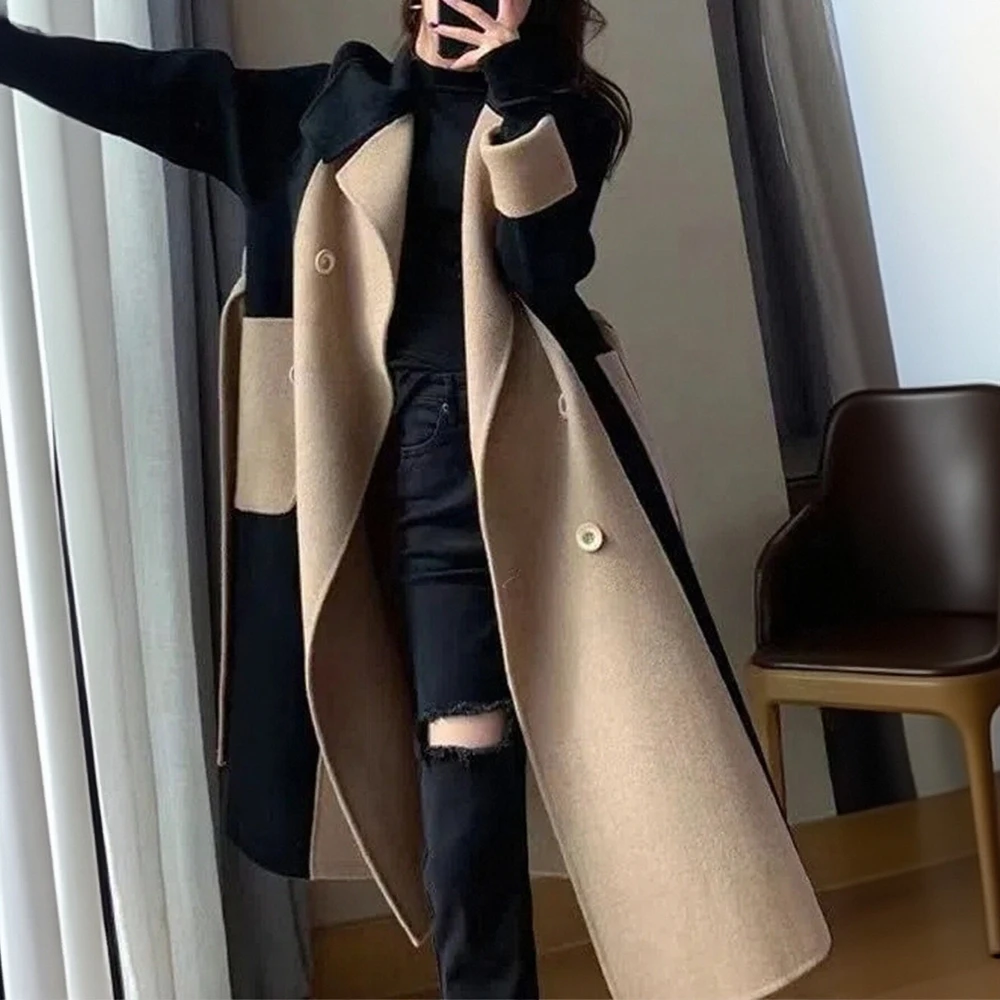 

Women's Winter Long Sleeve Coat Comfortable Patchwork Lapel Button Decor Office Lady Style