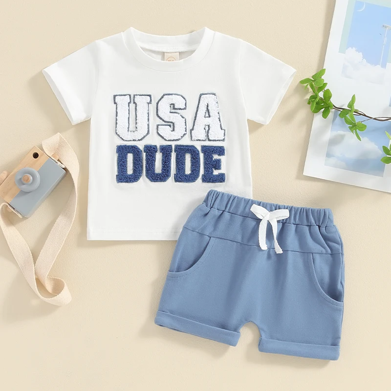 

2024-01-02 Lioraitiin Toddler Boys 4th of July Outfits Fuzzy Letter Embroidery Short Sleeve T-Shirts Tops and Shorts Clothes Set