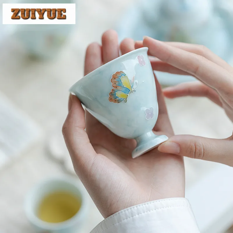 80ml Hand Drawn Butterfly Teacup Handmade High Footed Large Tea Cup Personal Meditation Cup Chazhan Kung Fu Teaset Drinkware