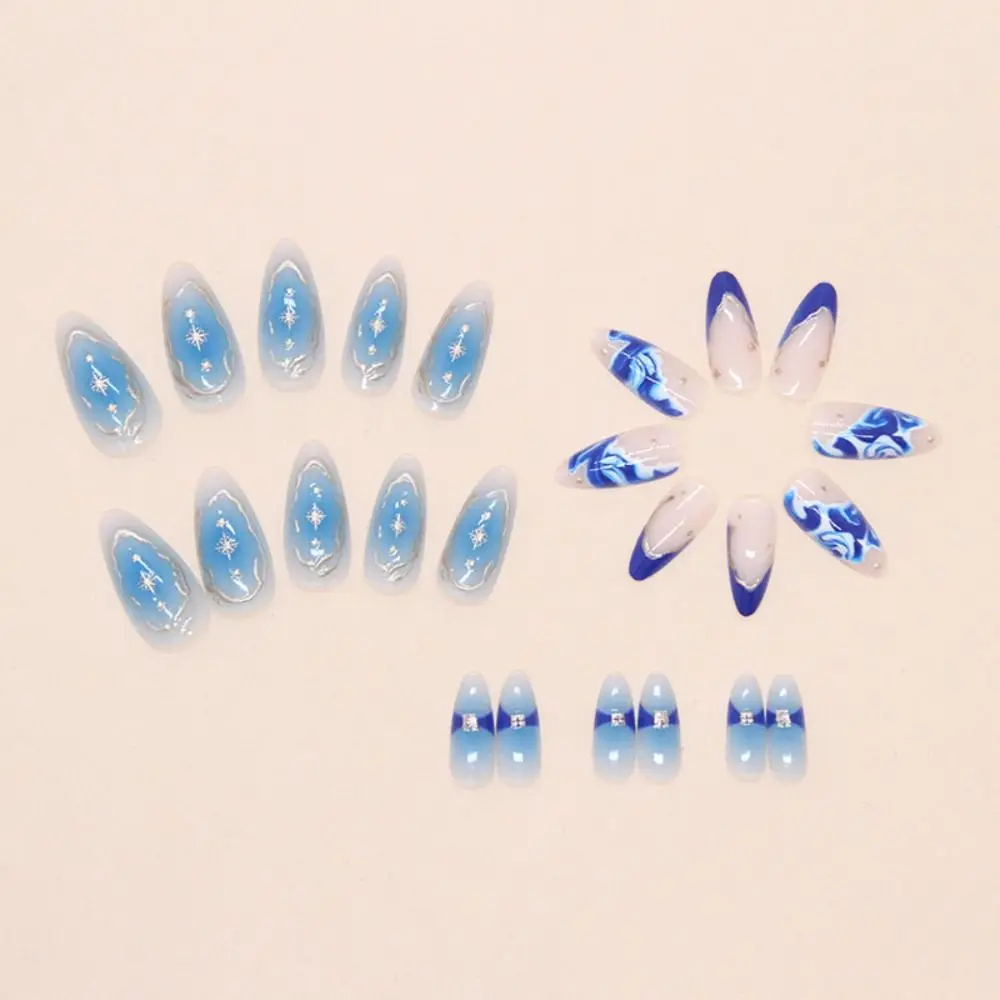 24 stuks manicure lange amandel kunstnagels bloemen aurora Franse pers op nagels cat eye vlinder sterren afneembare nageltips dames