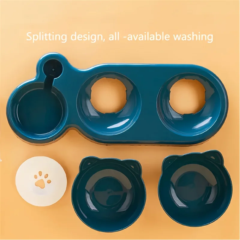 Three in One Cat Bowls Feeding Station Durable Plastic Food and Water Bowls Cute Cat Ear Design Suitable for Two Cats To Eat