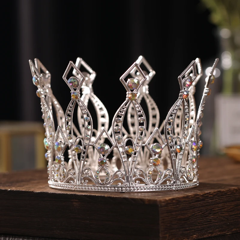 Silver Color Crystal Tiaras And Crowns Colorful Rhinestone Round Queen Diadems Wedding Hair Accessories Bridal Hair Jewelry Gift