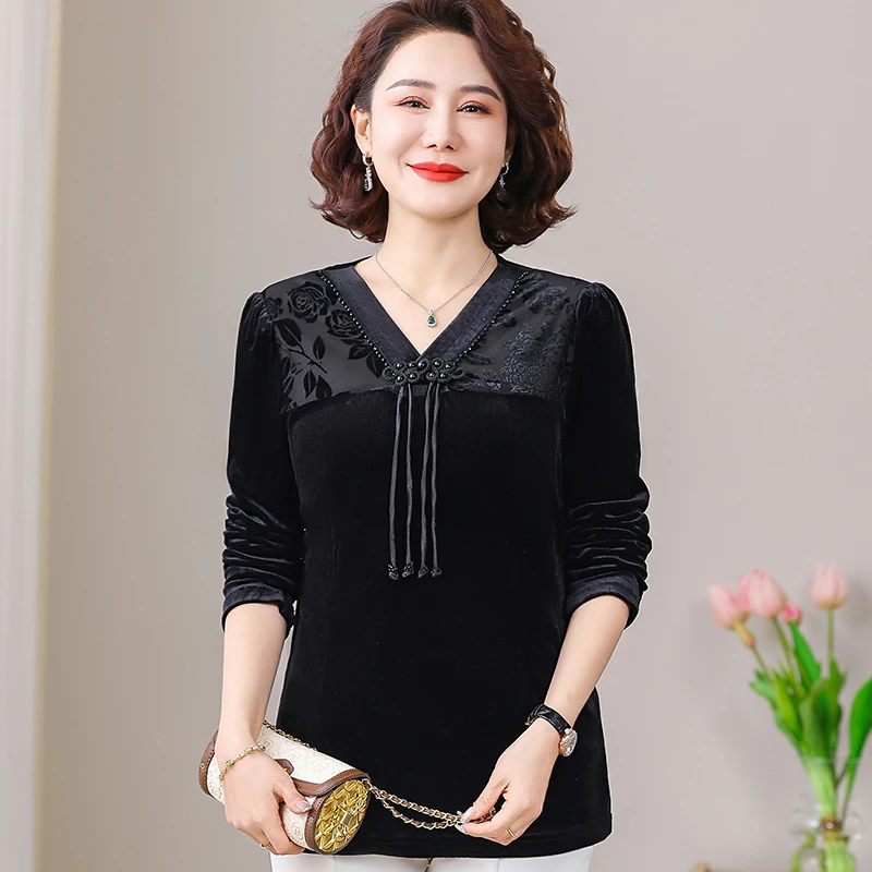 Women Vintage V-Neck Shirt Commuter Spring Autumn All-match Fashion Long Sleeve Solid Color t-shirt  for Female