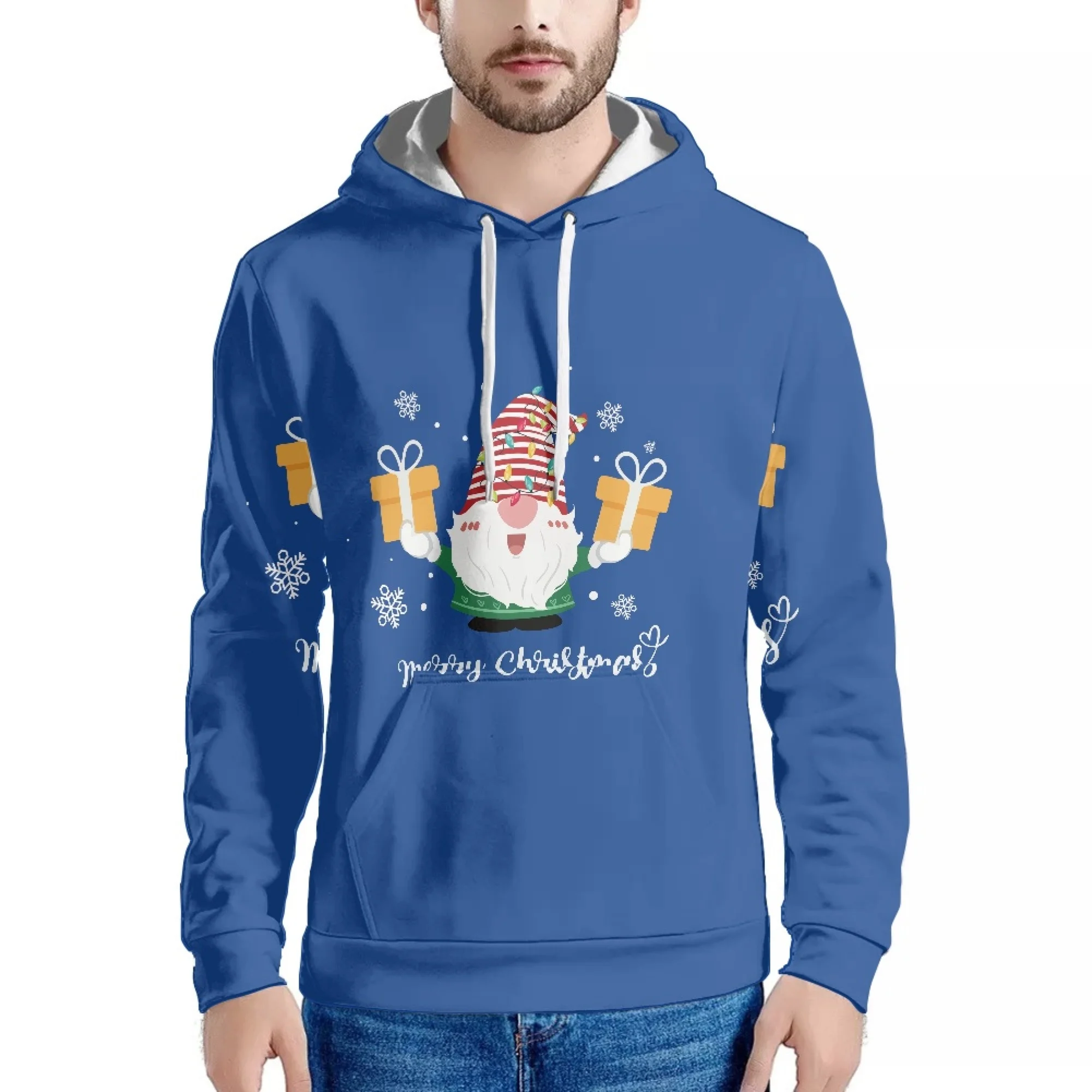 

Santa Claus Cartoon Print Blue Hoodie For Men And Women Simple Fashion Instagram Style Couples Iong Sleeved Top