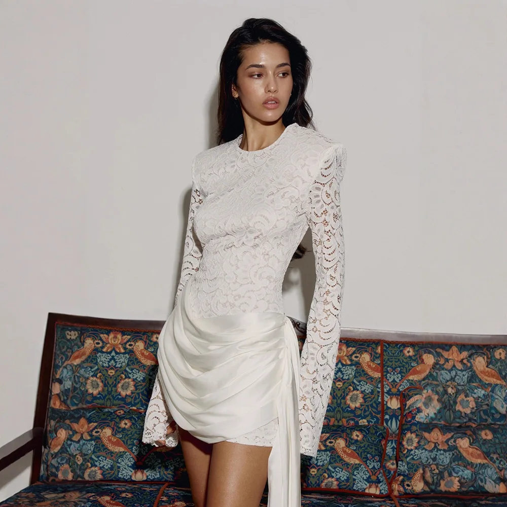 

Women’s Sexy Long Sleeve Round Neck Cocktail Party Club Dress Floral Lace Bodycon Mini Dress with Straps