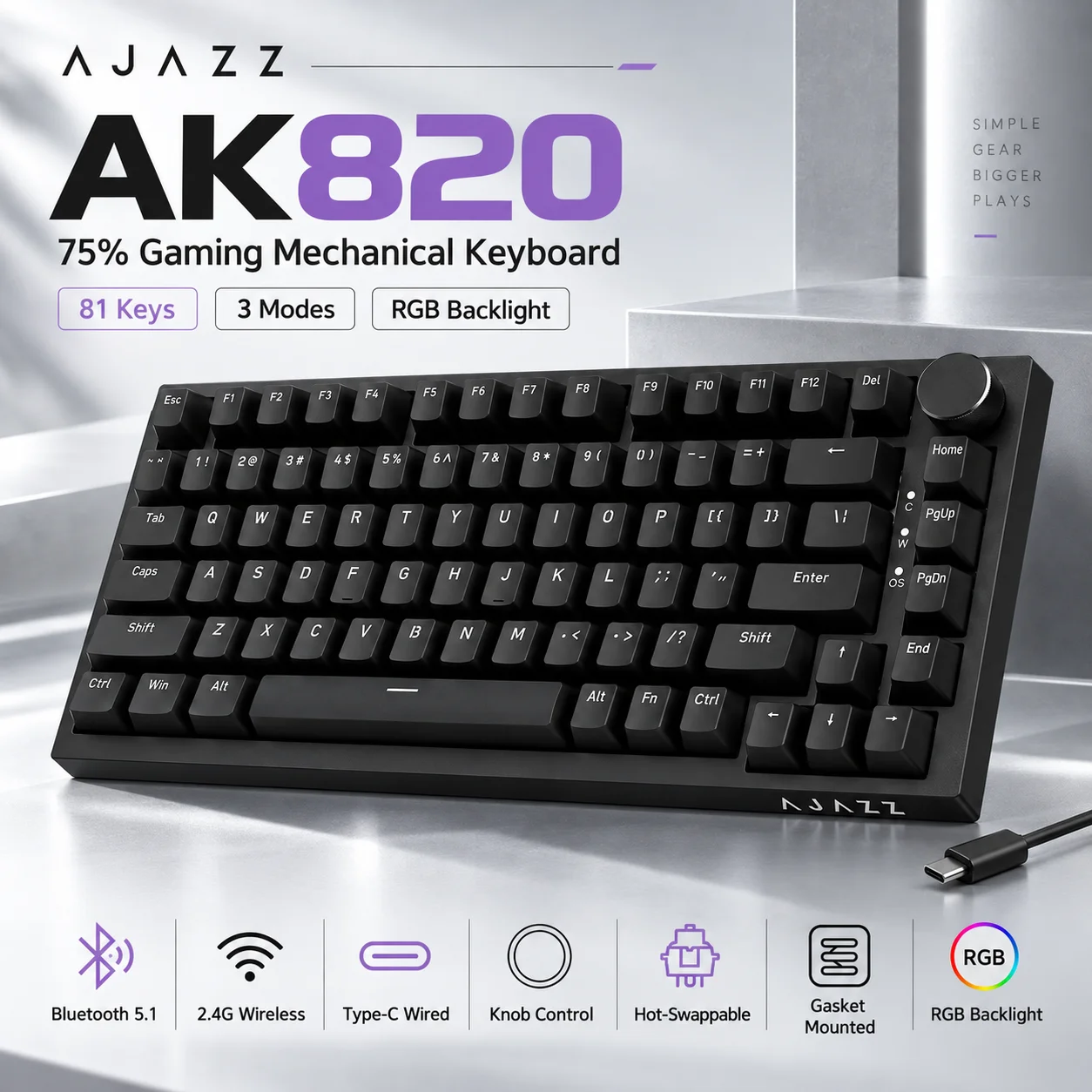 Teclado Mecânico para Jogos AJAZZ AK820, Tri-Modo Bluetooth 5.1, Sem Fio, Com Fio, Botão Rotativo, Hot Swap, Gasket, Teclado Personalizado