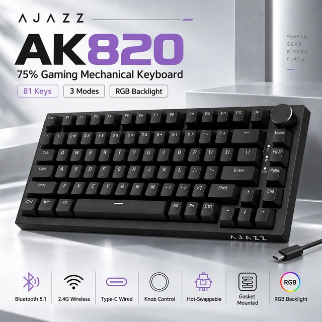 Teclado Mecânico para Jogos AJAZZ AK820, Tri-Modo Bluetooth 5.1, Sem Fio, Com Fio, Botão Rotativo, Hot Swap, Gasket, Teclado Personalizado