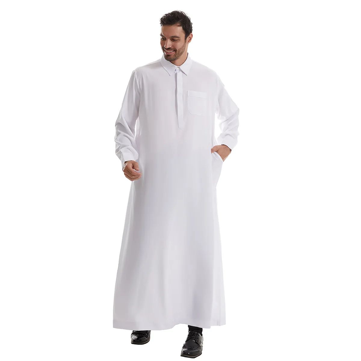 Men Clothes Muslim Middle East Arab Islam Clothing Long Sleeve Pocket Robe Jubba Thobe Ramadan Eid Djellaba Dishdasha Saudi New