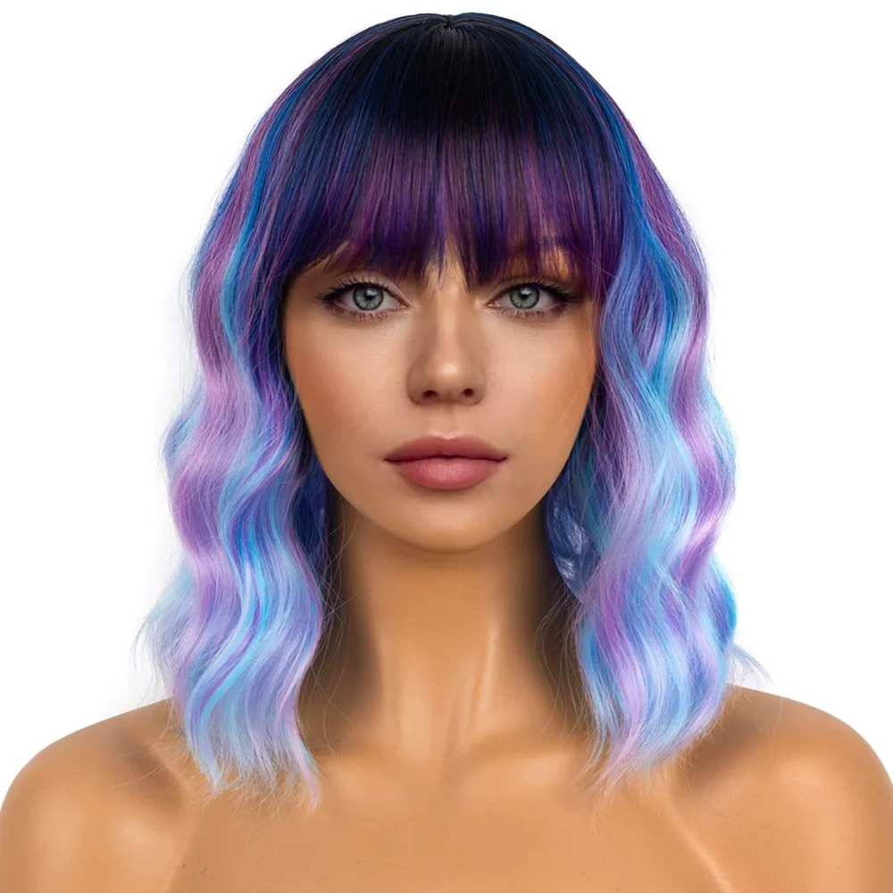 

Colourful Short Bob Wigs with Bangs for Women Loose Wavy Wig Curly Wavy Shoulder Length Bob Synthetic