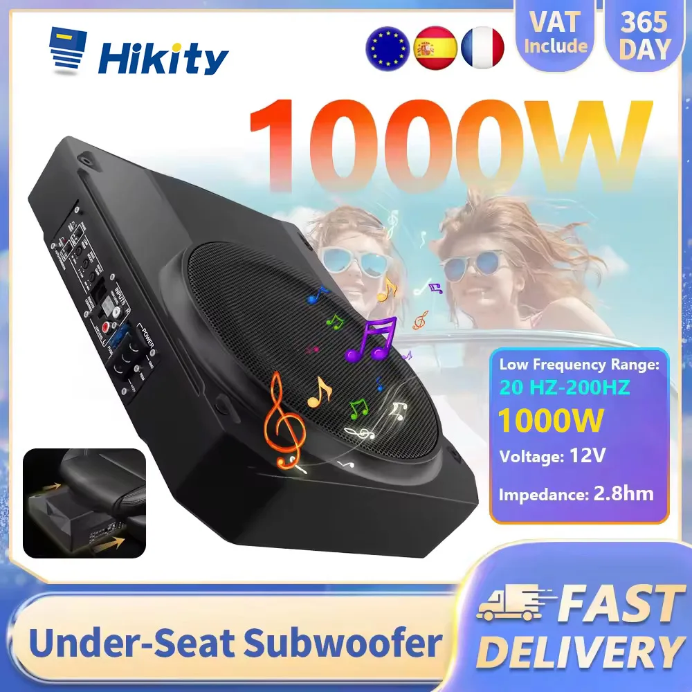 Hikity 1000W Subwoofer Mince Sous Siège pour Voiture, Lecteur de Musique Automobile, Subwoofer pour Camion avec Kit Amplificateur et Câble d'Amplification Assorti