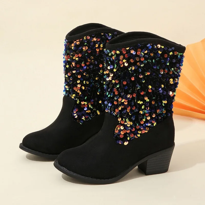 New Girls Boots Sequined Elegant Unique Low Heels Children Fashion Casual Princess Boots Solid Color Kids Slip-on Breatheable