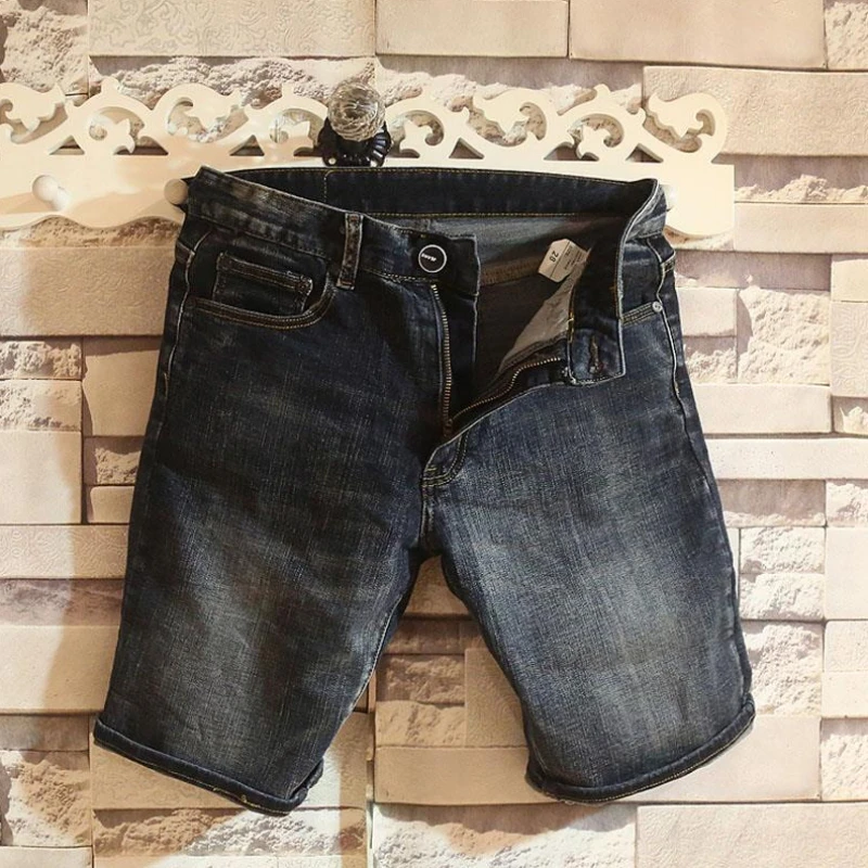 Man Denim Shorts with Pockets Straight Short Jeans Pants for Men Stretchable Wih Zipper Designer Y2k Fashion New in Korean Thin