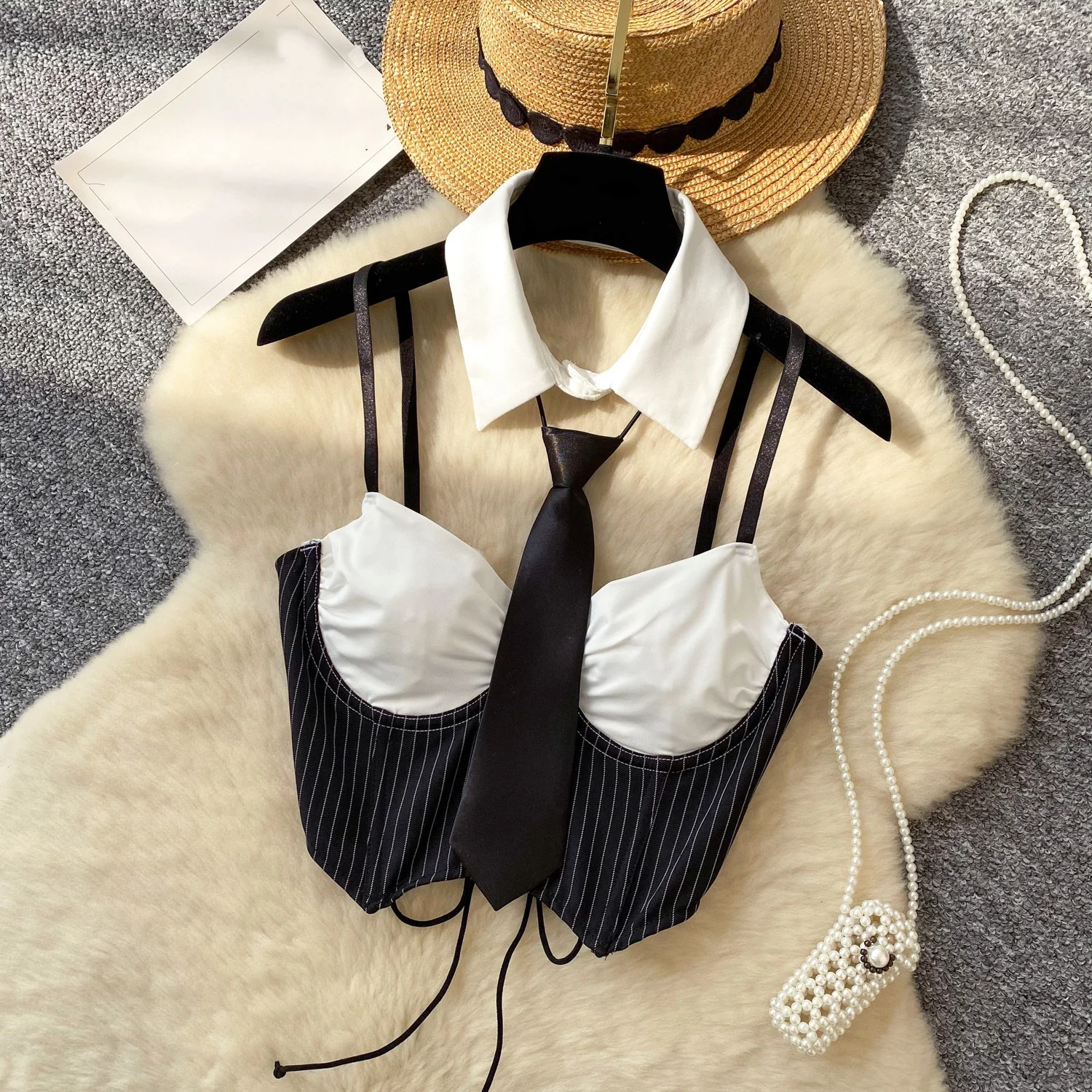 Summer New Spicy Girl Design Hollow Hanging Neck Tie Contrasting Sling Top