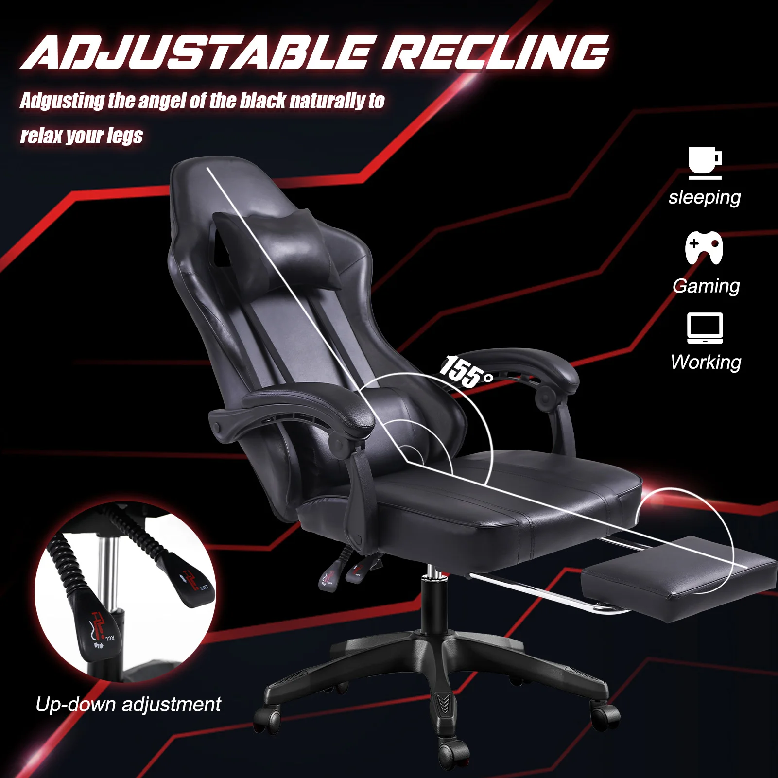 PU Leather Gaming Chair with Footrest, 360°Swivel Adjustable Lumbar Pillow Gamer Chair, Comfortable Computer Chair