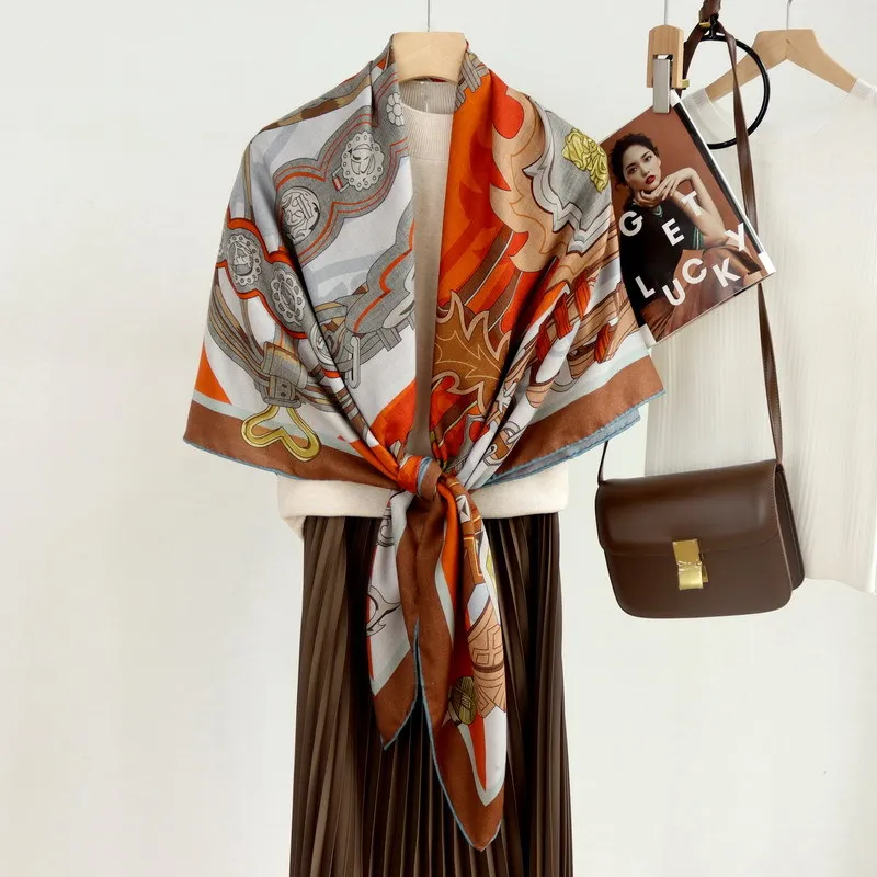 Two Faced Winter Scarf 135CM Women Wool Silk Shawls Warm Soft Pashmina Oversized Foulard Wrap Stole Scarves