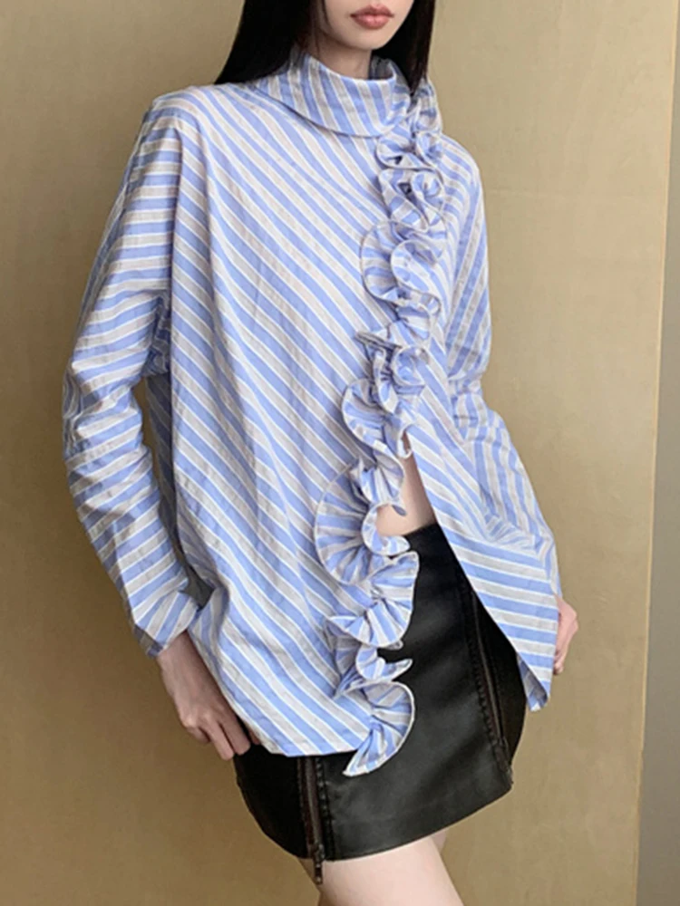 Original Design Blue Striped Shirts Women Elegant Long Sleeve Ruffles Shirt Tops Office Ladies Fashion Irregular Blouse 2024 New