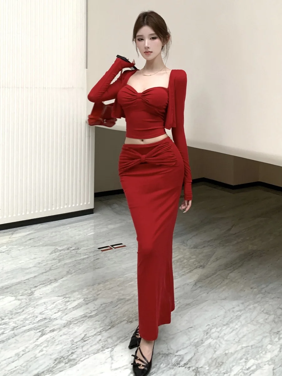 

Sexy V-Ne Slim Fit Tank Top Long Sve Open Cardigan Wrap Body f Length Skirt Tee Piece Set for Adult Women