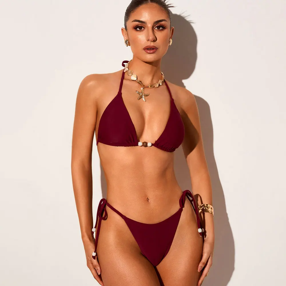 

Sexy Women Bandeau Bikini Swimwear Pit Stripe Fabric Simple Solid Sexy Bathing Suit Bandage Swimsuit