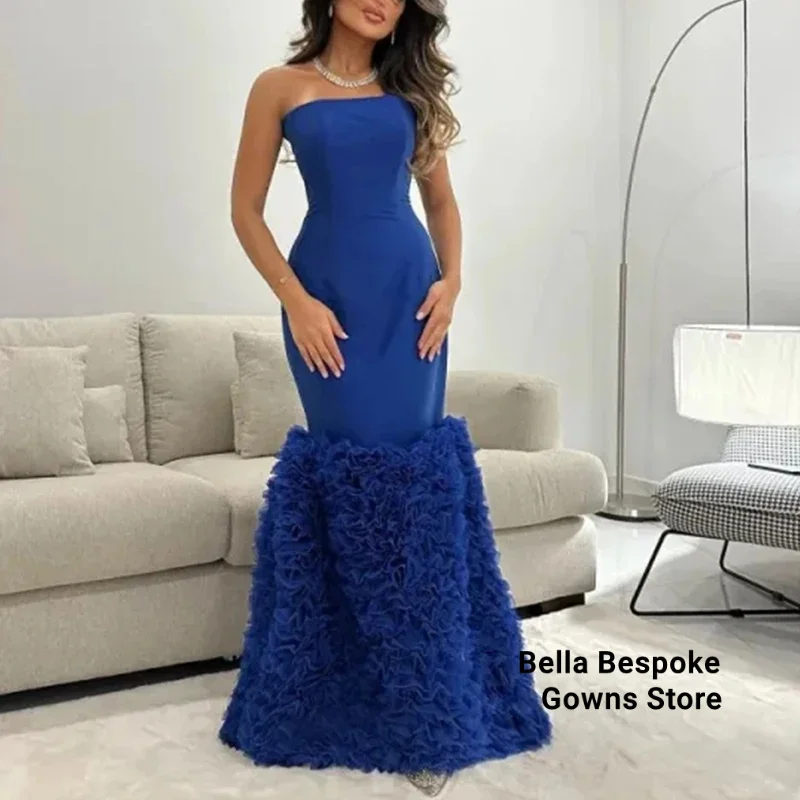 

Strapless Royal Blue Evening Dress Mermaid Floor Length with Ruffles Satin and Tulle Women Party Gowns Custom Made