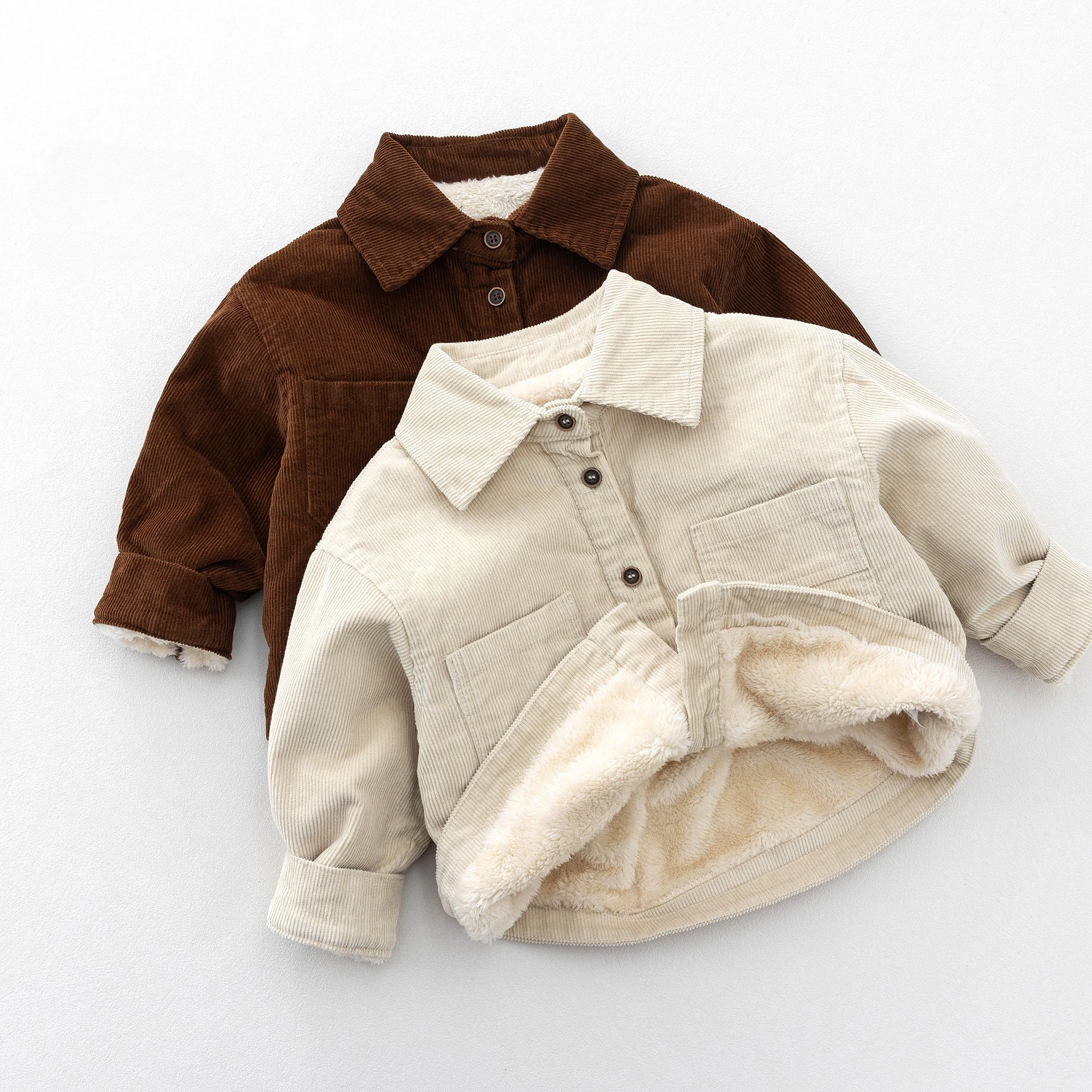 2026 New Winter Toddler Corduroy Fleece Lining Coat Korean Style Boys Girls Thicken Warm Lapel Shirt Jacket Kids Baby Outerwear