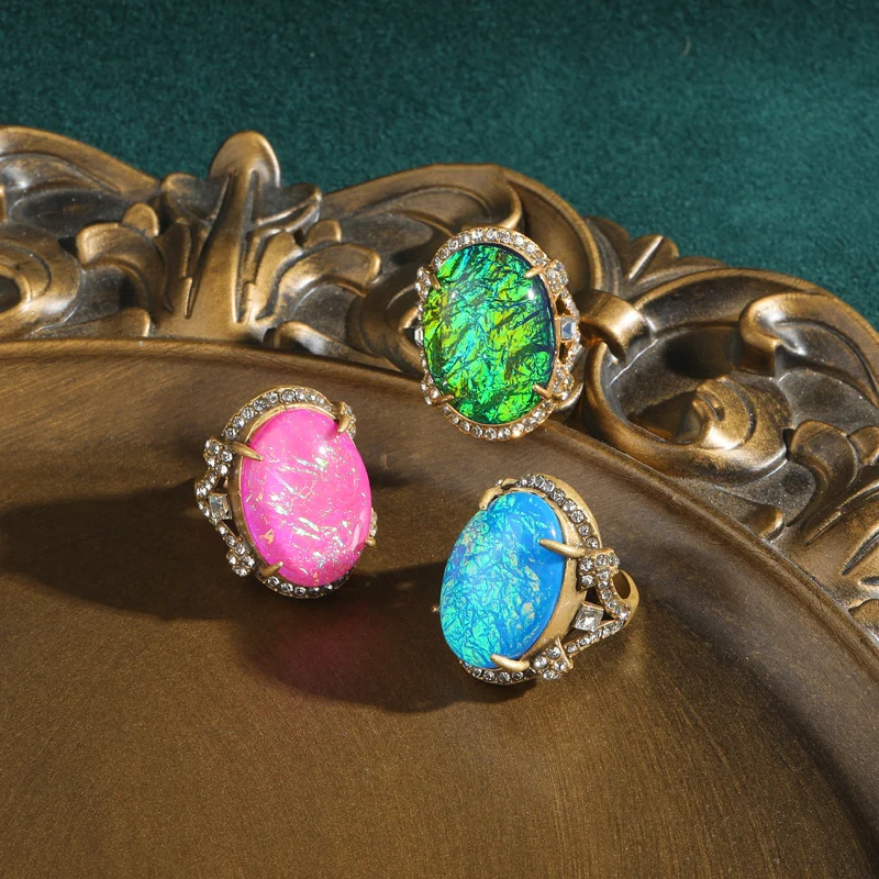 Vintage Large Oval Pink Opal Jewelry Ring Wedding Antique Gold Color Luxury Quality Designer Adjustable For Woman Accessories