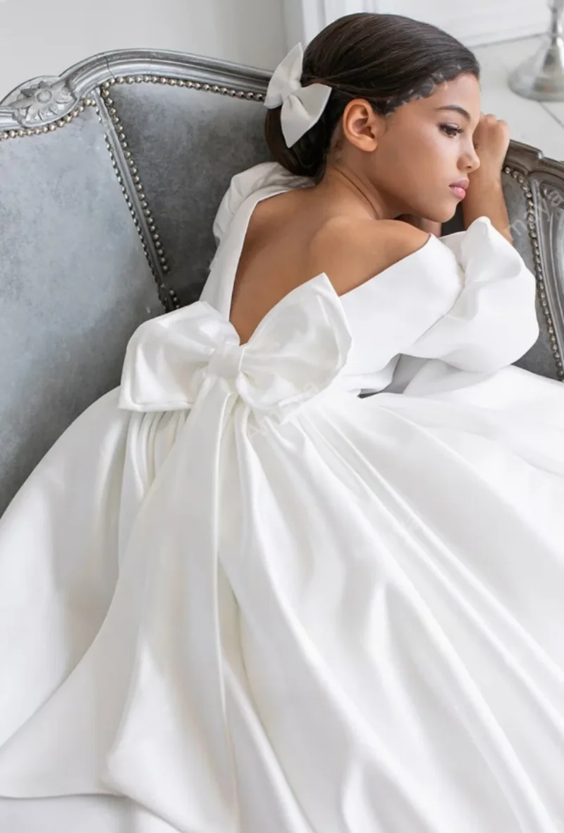 High Quality Princess Flower Girl Dress for Wedding Party Solid Satin V Back Girls First Communion Dress Size 1-14T