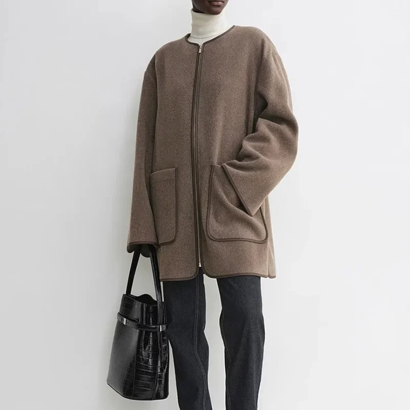 TT@ LUXURY Women Contrast Color O-Neck Wool Blend Coat Autumn Winter Female Loose Casual Large Pockets Jacket Outerwear