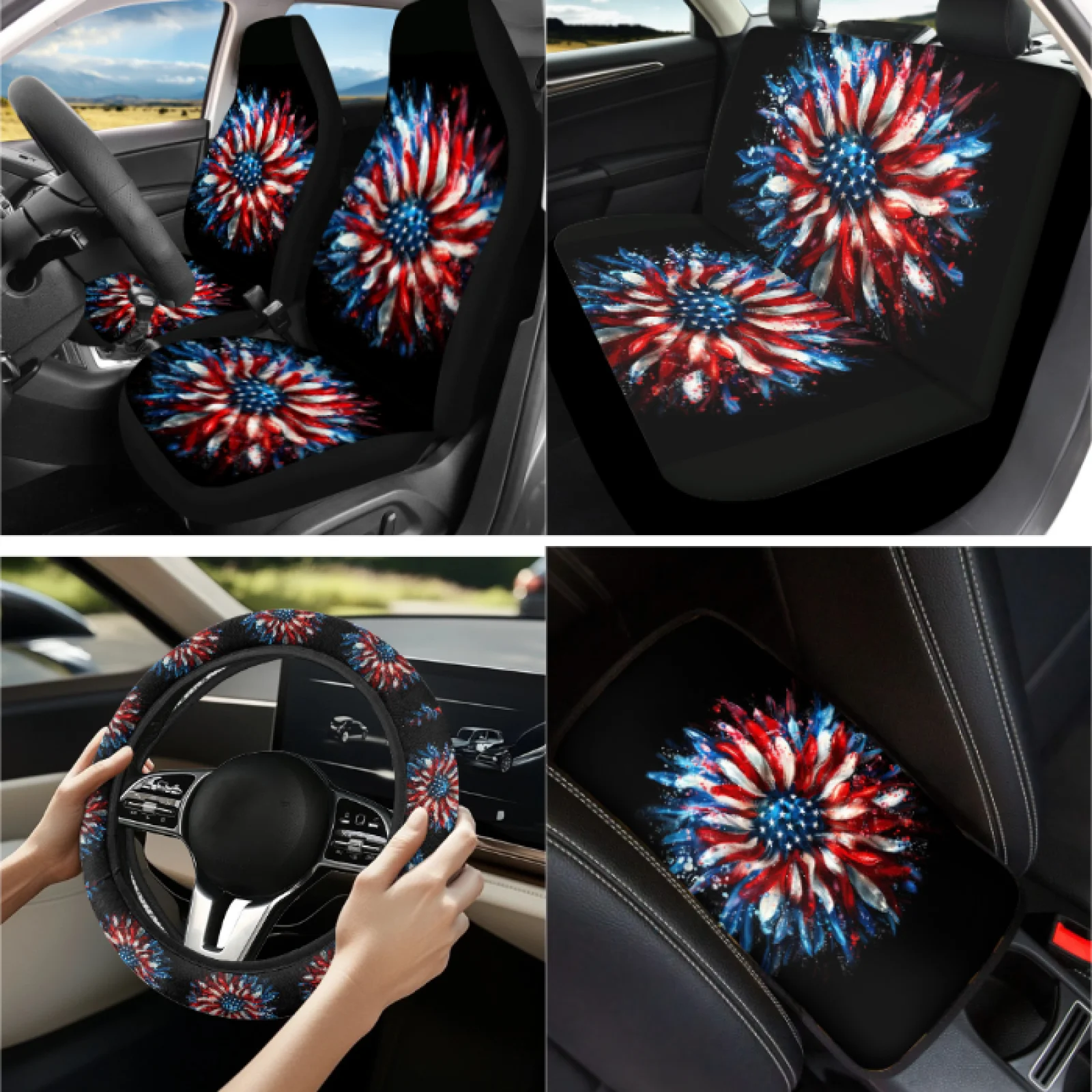 Coloranimal American flag 13 PCS Auto Accessories with Elastic Lipstick Sleeve Pouch and Auto Center Console Pad for Cars
