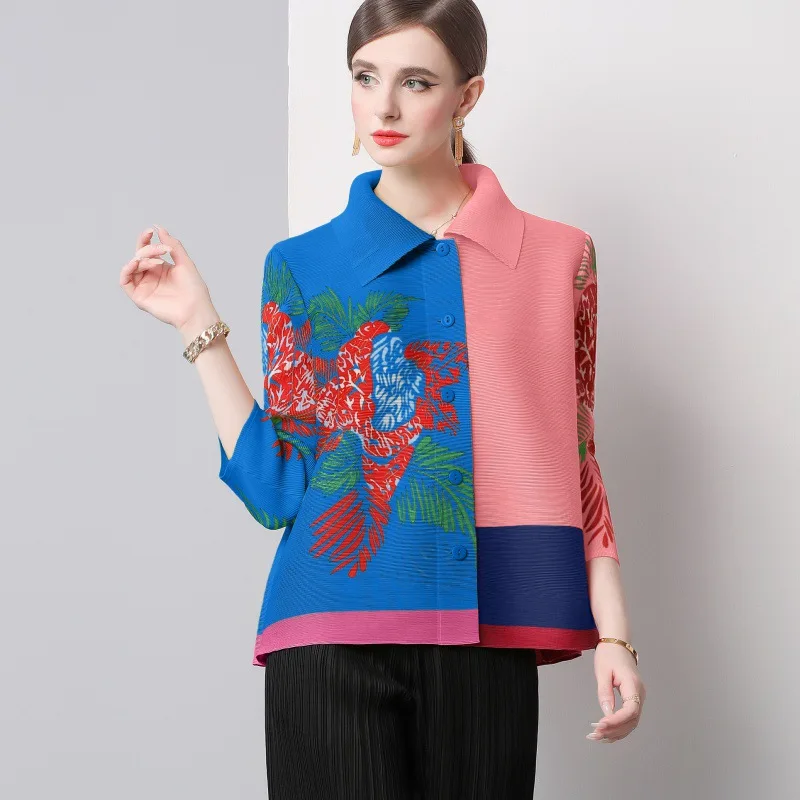 Women Elegant Camisas Turn Down Collar Casual Tops  Contrast Color Print Pleated Loose Shirts & Blouses Female Autumn 2024