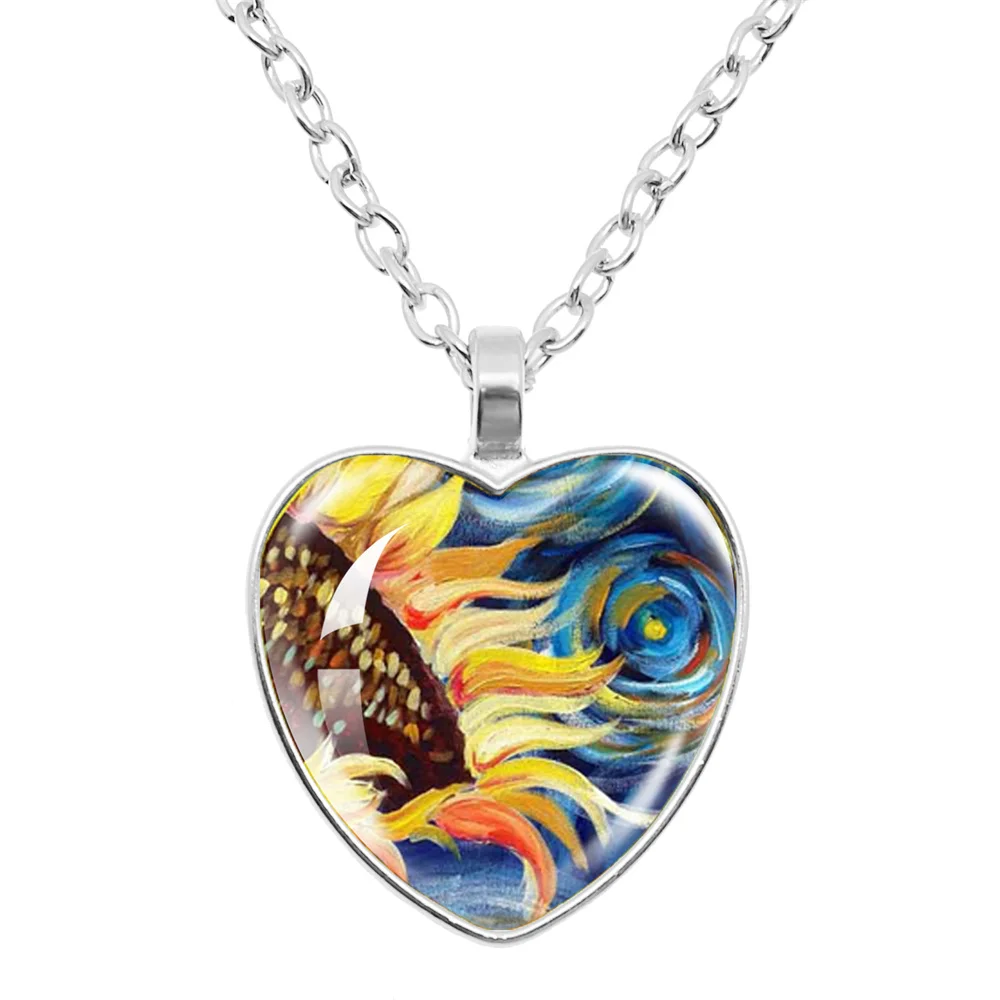 Fashion And Personality Van Gogh Art Starry Night Sunflower Necklace Glass Circle Painting Heart Shaped Pendant Photo