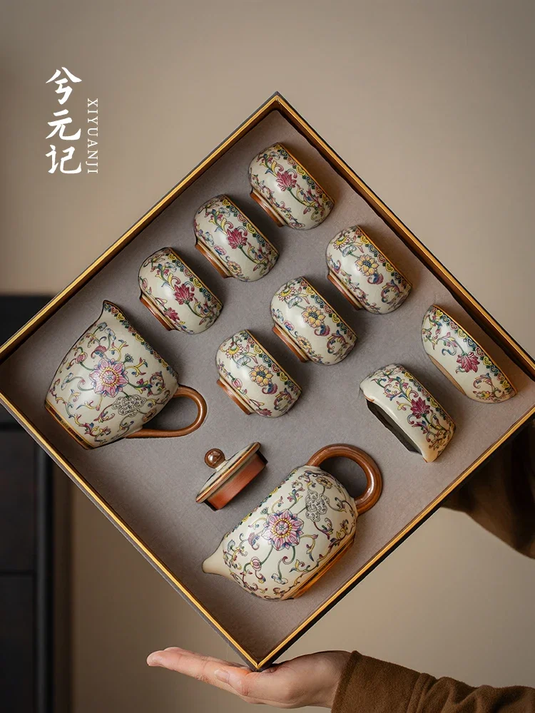 Entangled Lotus Blue and White Glazed Red Ru Kiln Kung Fu Tea Set