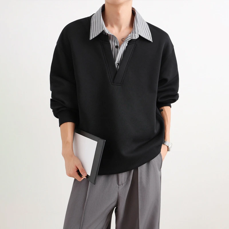 

2025 поддельные футболки из двух предметов с длинными рукавами против морщин, мужские пуловеры с лацканами контрастного цвета Y2K, мужская американская уличная мужская одежда