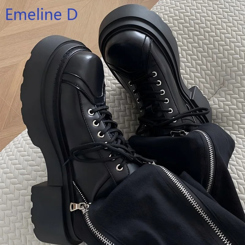 Men Platform Chunky Shoes Lace Up Block Heel Footwear Black Round Toe Thick Sole Fashion Daily Street Style Casual Shoes