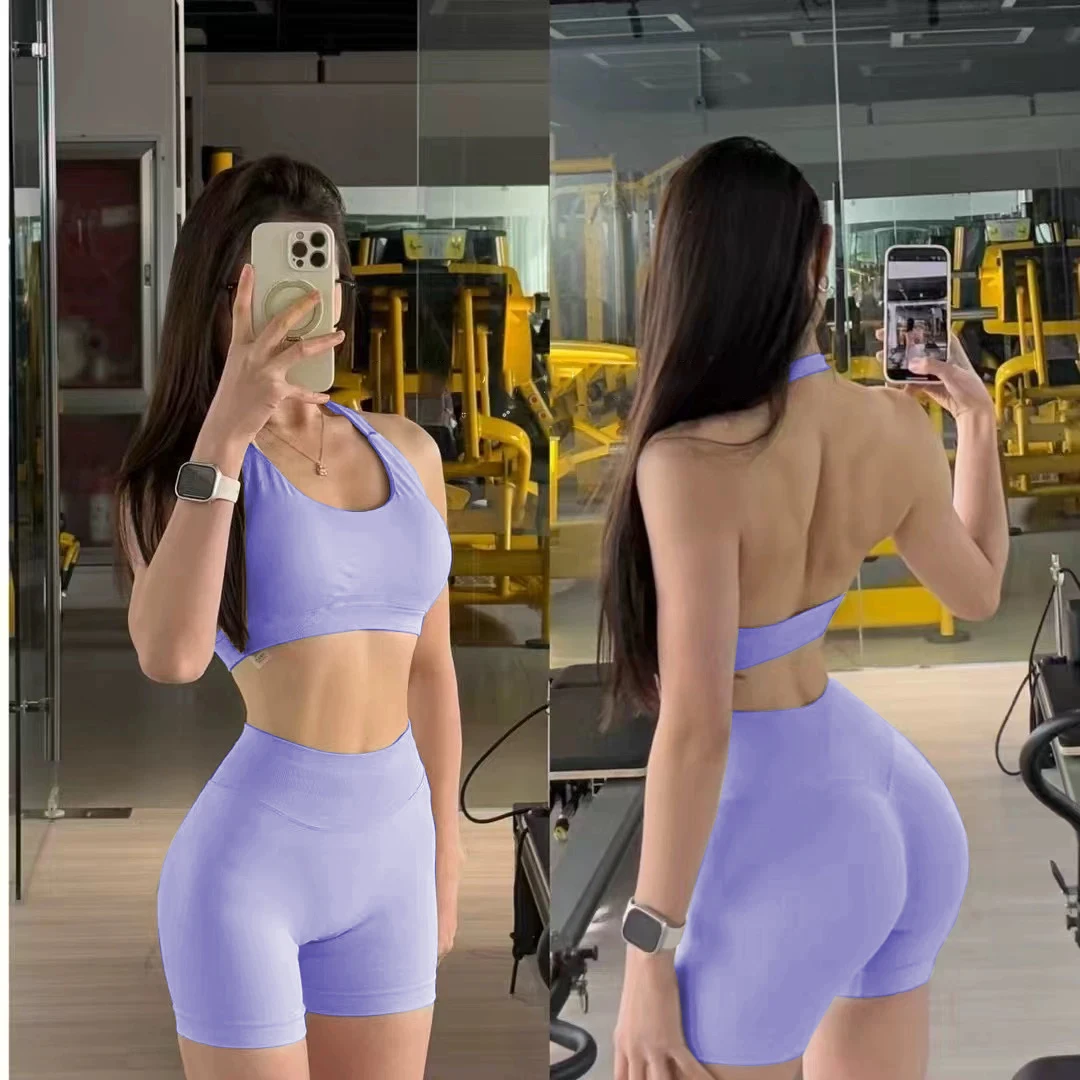 2-teiliges nahtloses Yoga-Outfit mit Neckholder-Top für Damen, Sport-BH, Shorts, Beauty-Back-Top, Lauf- und Fitnesshose, dehnbares, enganliegendes Set – Detail 11