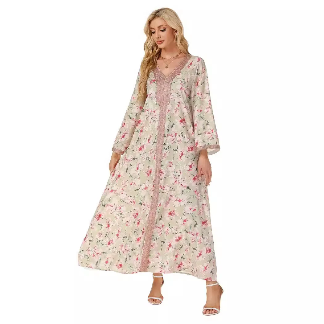 Abaya Ramadan Muslim Women Dresses Flower Print Arab Long Robe Jalabiya Eid Morocco Dubai Abayas Kaftan Islam Party Vestidos