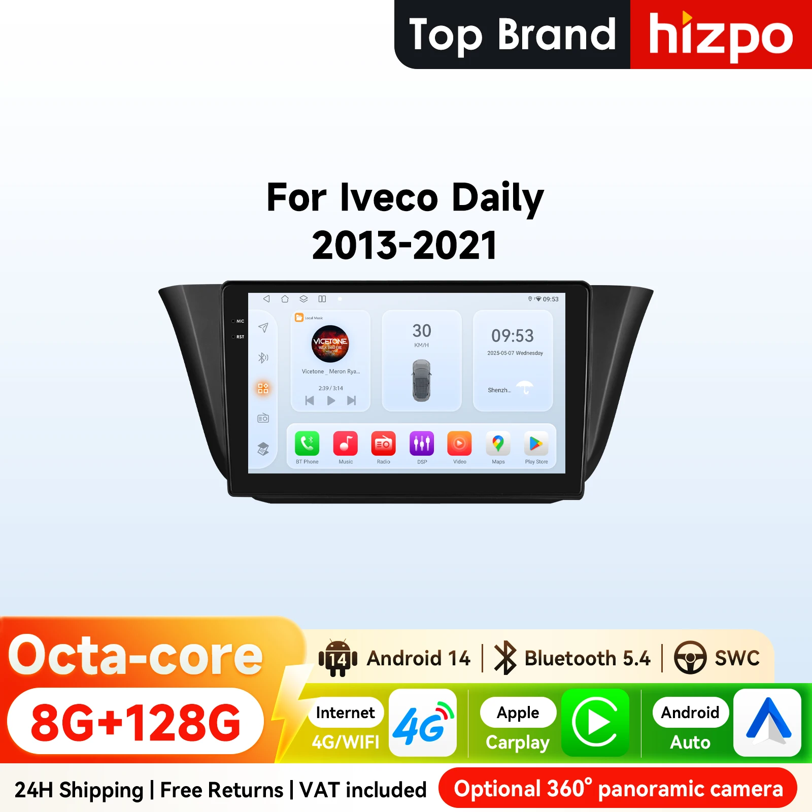 Hizpo 2Din 9 pouces Android14 autoradio pour Iveco Daily 2013 - 2021 Snapdragon 6115 stéréo 4G CarPlay SWC RDS DSP GPS Navi 360 ° CAM