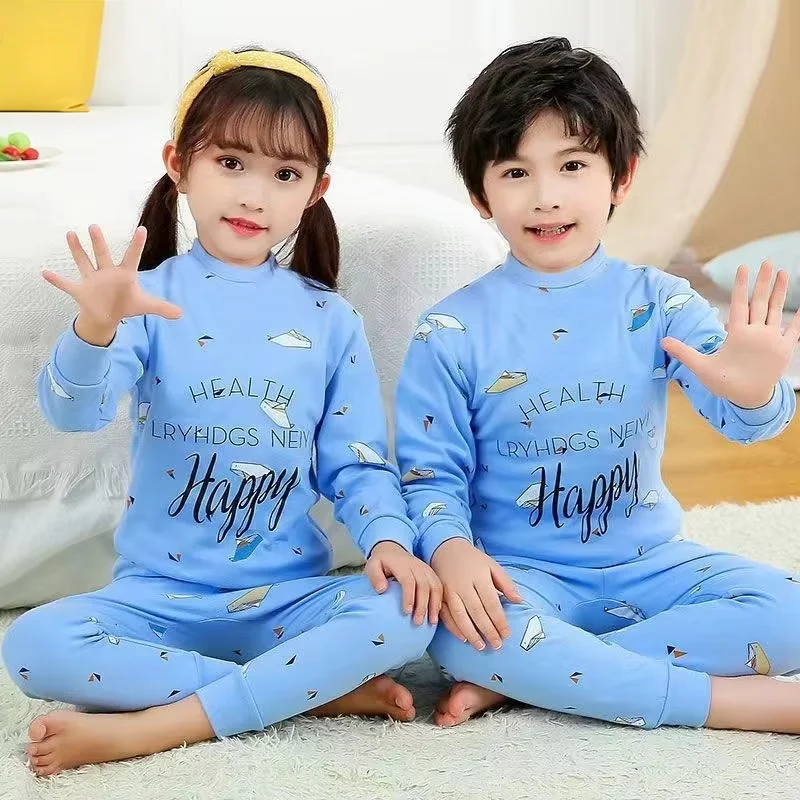 2026 A Set Children's 100% Cotton Mid-neck Long Johns Print Set Boys and Girls Spring and Autumn Pajamas Long-sleeved Trousers