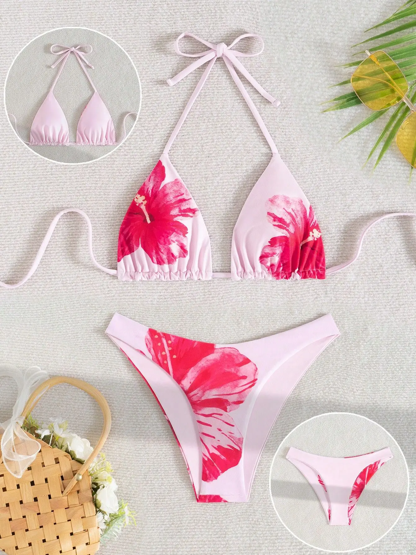 

Сексуальные бикини с крупным цветочным принтом, комплекты из двух частей, розовые купальники с завязками на шее, пляжная одежда, комплект бикини, танкини.
