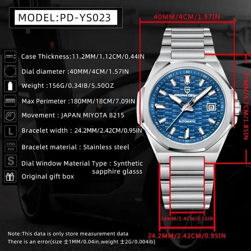 PAGANI DESIGN YS023 Men's Automatic Mechanical Watch, Business Style, Stainless Steel, Sapphire Glass, Luminous, Waterproof