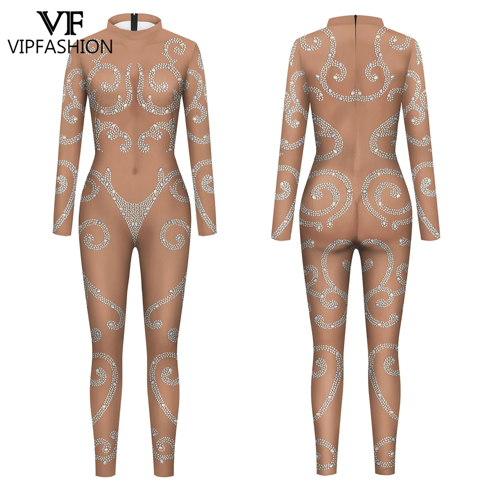 VIP FASHION Damski Kombinezon z Nadrukiem Kryształów 3D Diamentów na Imprezę Pokazową, Kostium Cosplay na Halloween, Festiwalowy Zentai Catsuit