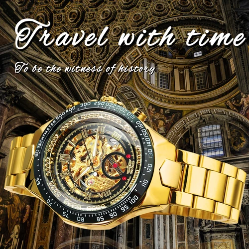 Imagen 2 del producto Reloj Automático WINNER con mecanismo a la vista transparente dorado para hombre, punteros luminosos, relojes mecánicos con correa de acero inoxidable de marca de lujo