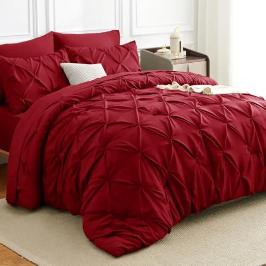 

Комплект постельного белья Pintuck Bed in a Bag, 7 предметов, темно-красный, роскошный, с плиссировкой, мягкий, всесезонный, с пододеяльником
